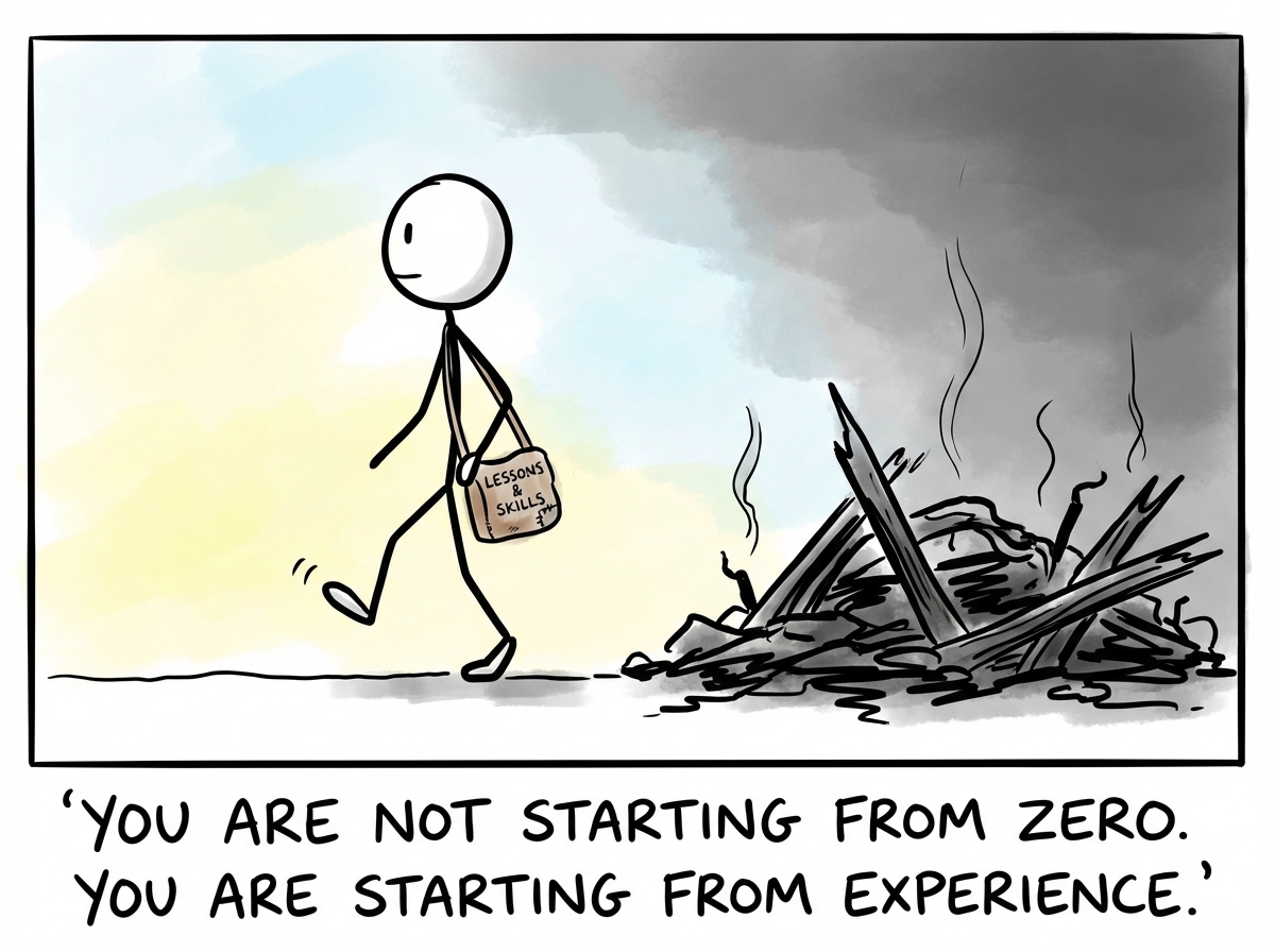 The stick figure walking away from the wreckage carrying a small bag of lessons and skills, not looking back, taking one step forward. The sky is lighter ahead.