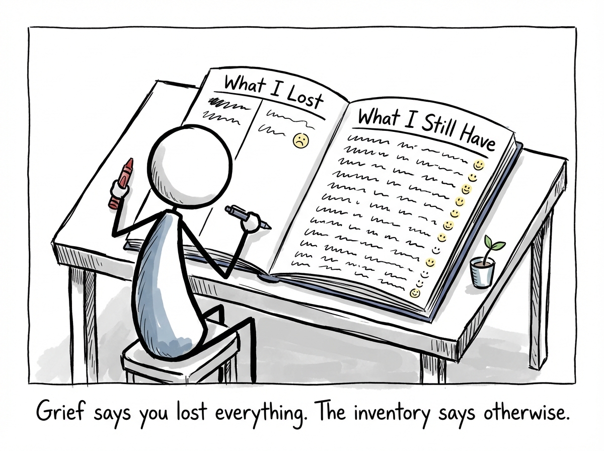 A stick figure writing 'What I Lost' on the left side of a page and 'What I Still Have' on the right side -- the right side is longer