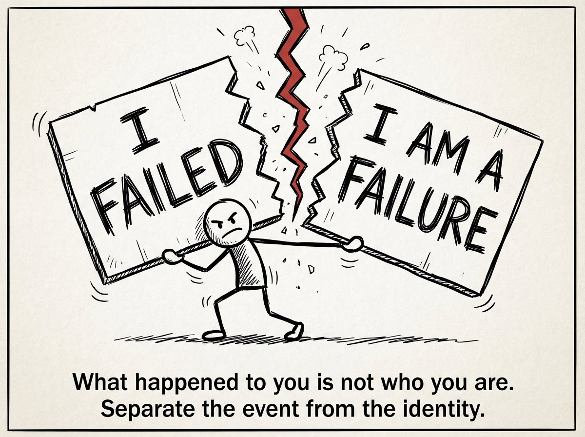 The stick figure separating a sign that says 'I FAILED' from a sign that says 'I AM A FAILURE' -- cracking them apart