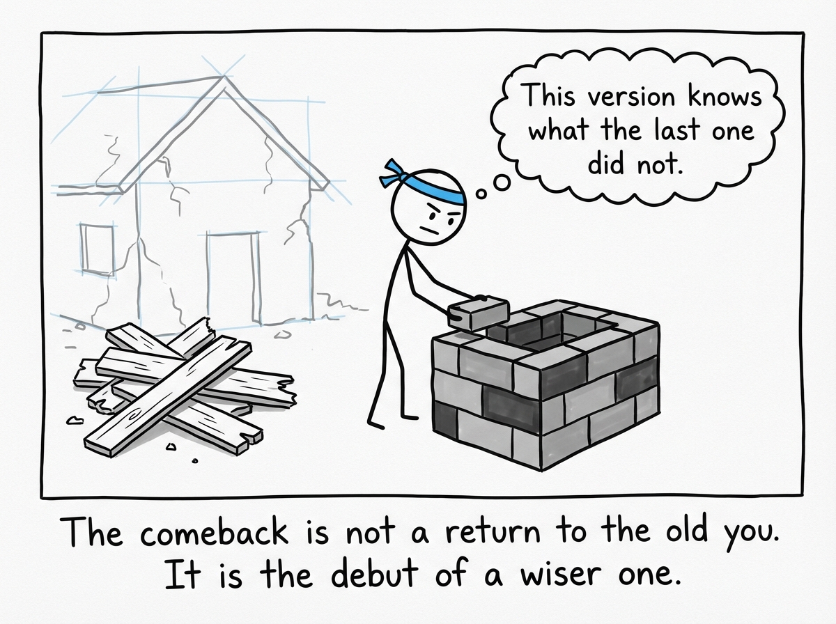 The stick figure months later, building something new, smaller but more solid, thought bubble: 'This version knows what the last one did not'
