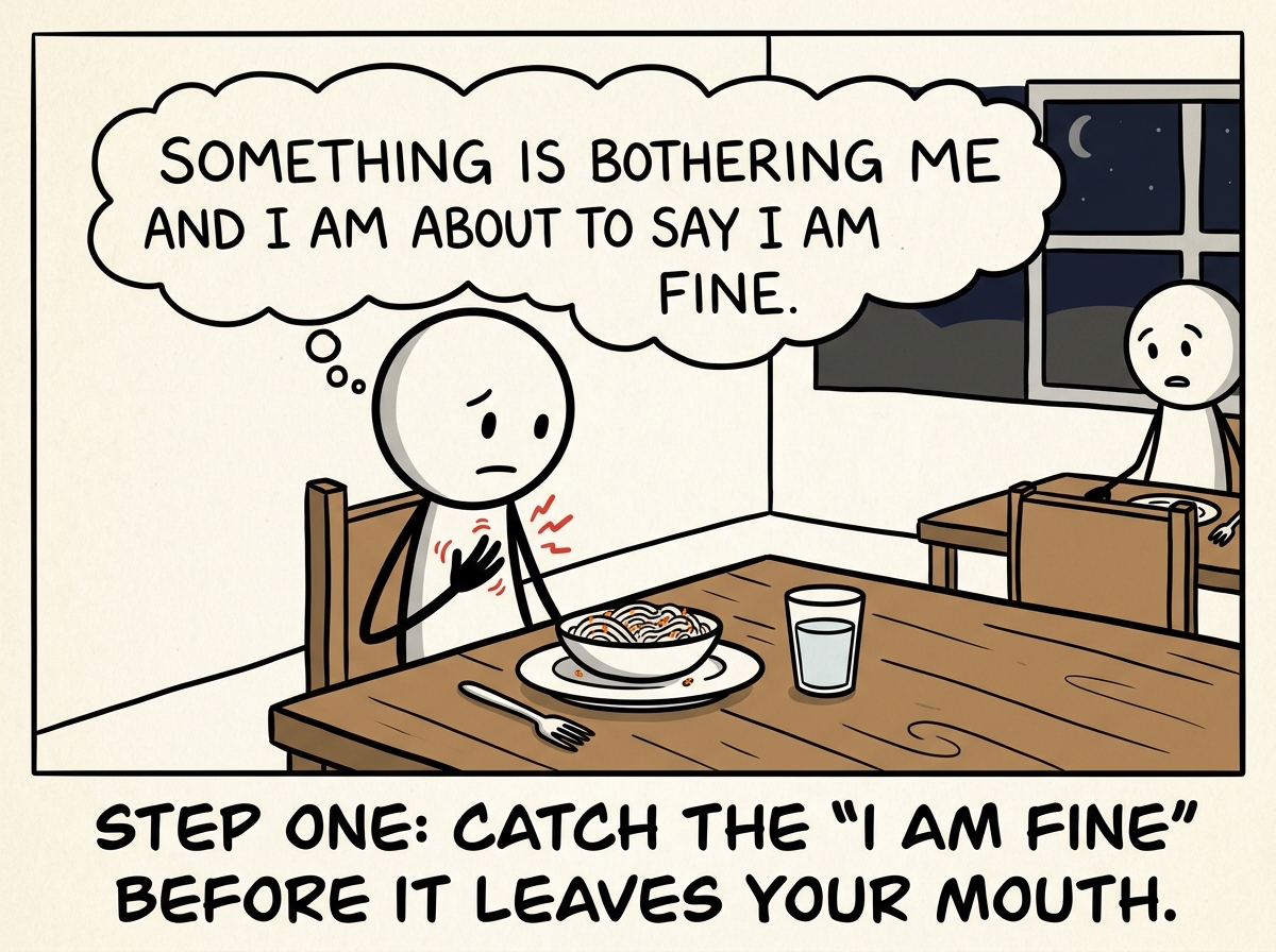 A stick figure noticing tension in their chest during dinner, with a thought bubble reading 'Something is bothering me and I am about to say I am fine'
