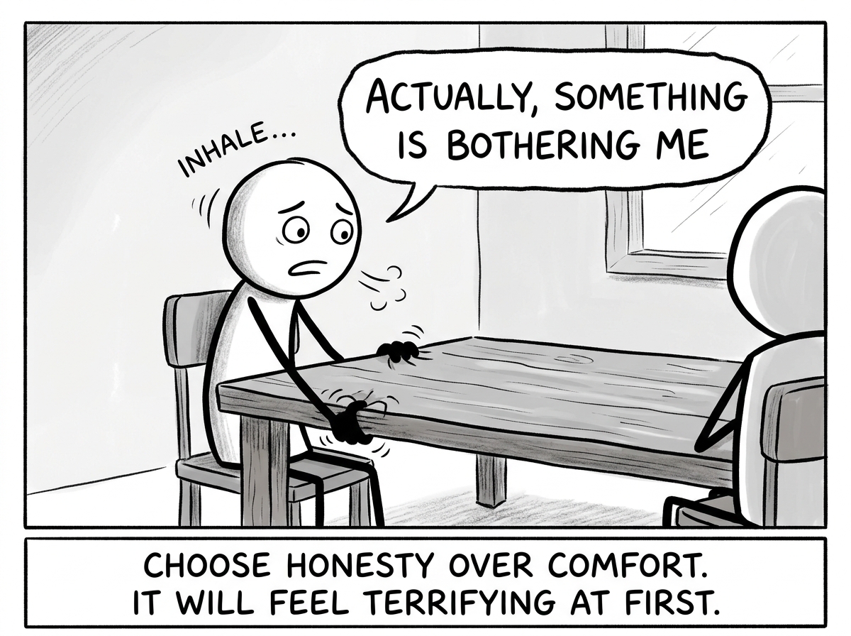 The stick figure taking a breath and choosing to speak, saying 'Actually, something is bothering me' while their hands grip the table nervously