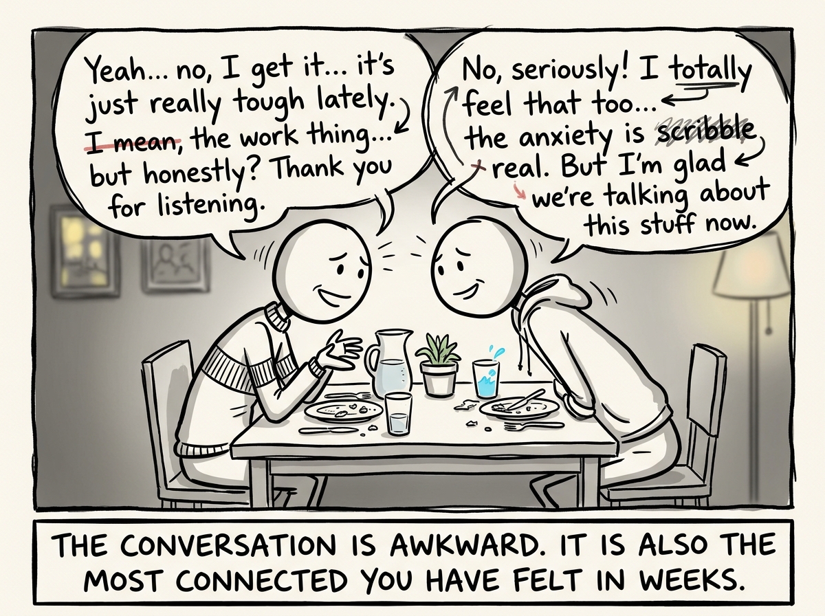 Both stick figures leaning in across the dinner table, having an imperfect but real conversation with messy speech bubbles