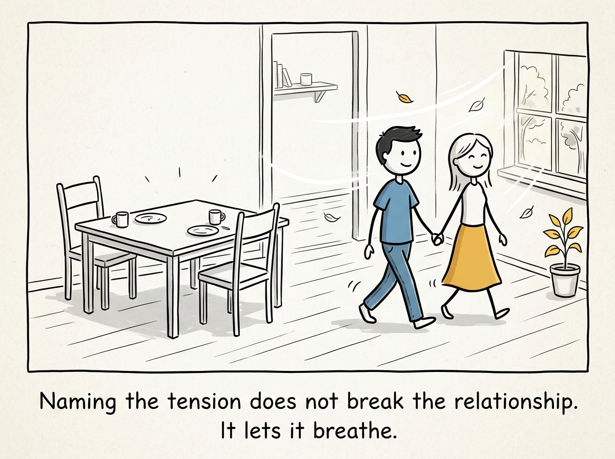 The two figures walking away from the table looking lighter, with the air between them clear instead of filled with unspoken words
