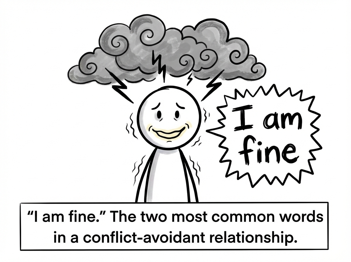 The tense stick figure forces a smile and says 'I am fine' while dark storm clouds literally form above their head