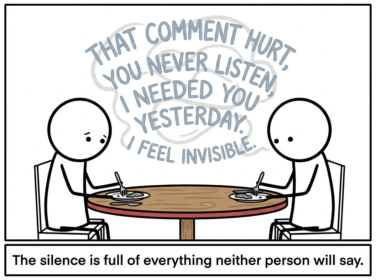 Both figures eating in silence, the space between them filled with floating words they are not saying: 'That comment hurt,' 'You never listen,' 'I needed you yesterday,' 'I feel invisible'