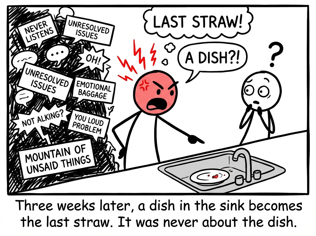 Three weeks later, one figure explodes over something minor -- a dish left in the sink -- while the other looks bewildered, and a mountain of unsaid things towers behind the angry figure