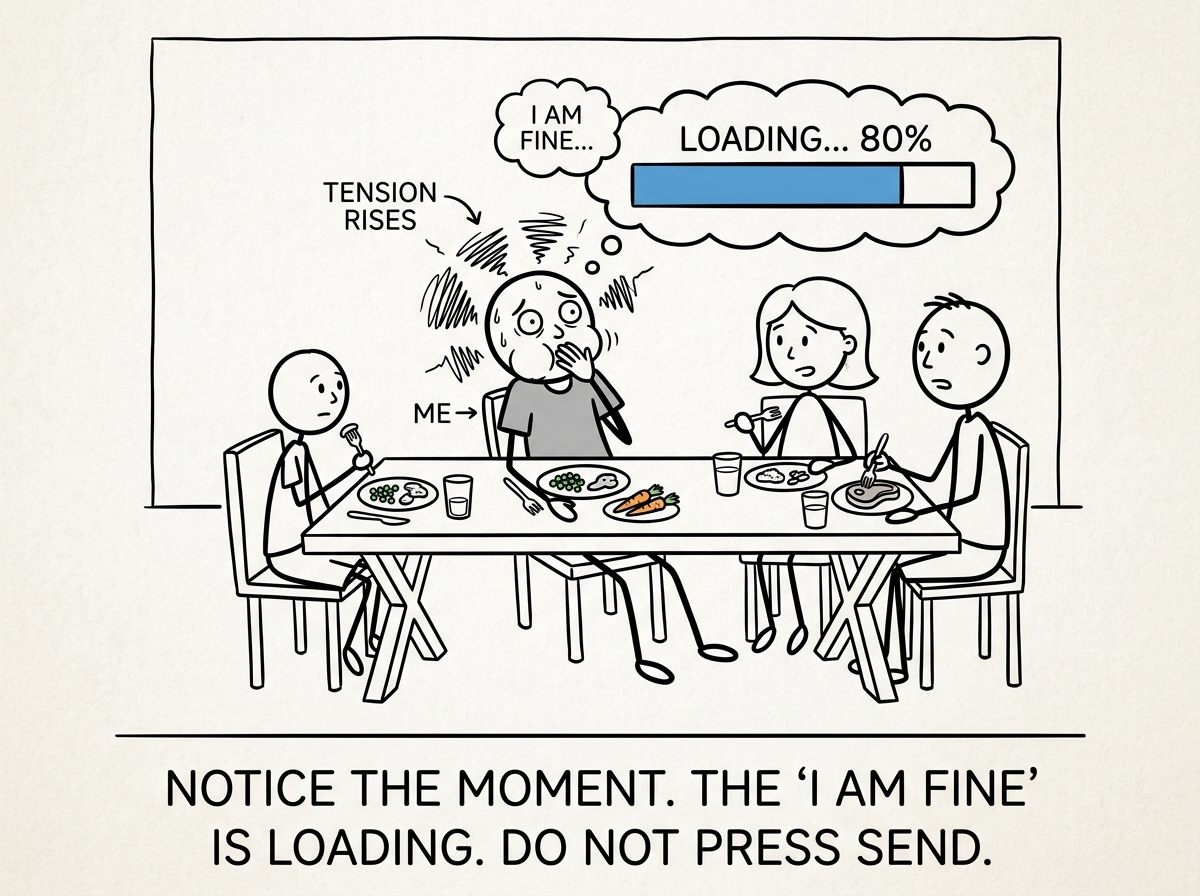A stick figure at the dinner table feeling tension rise, noticing the urge to say 'I am fine' and pausing before the words come out