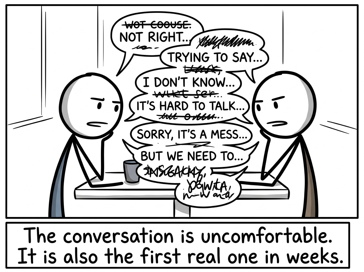 Both figures leaning toward each other across the table, having a messy but honest conversation with imperfect words