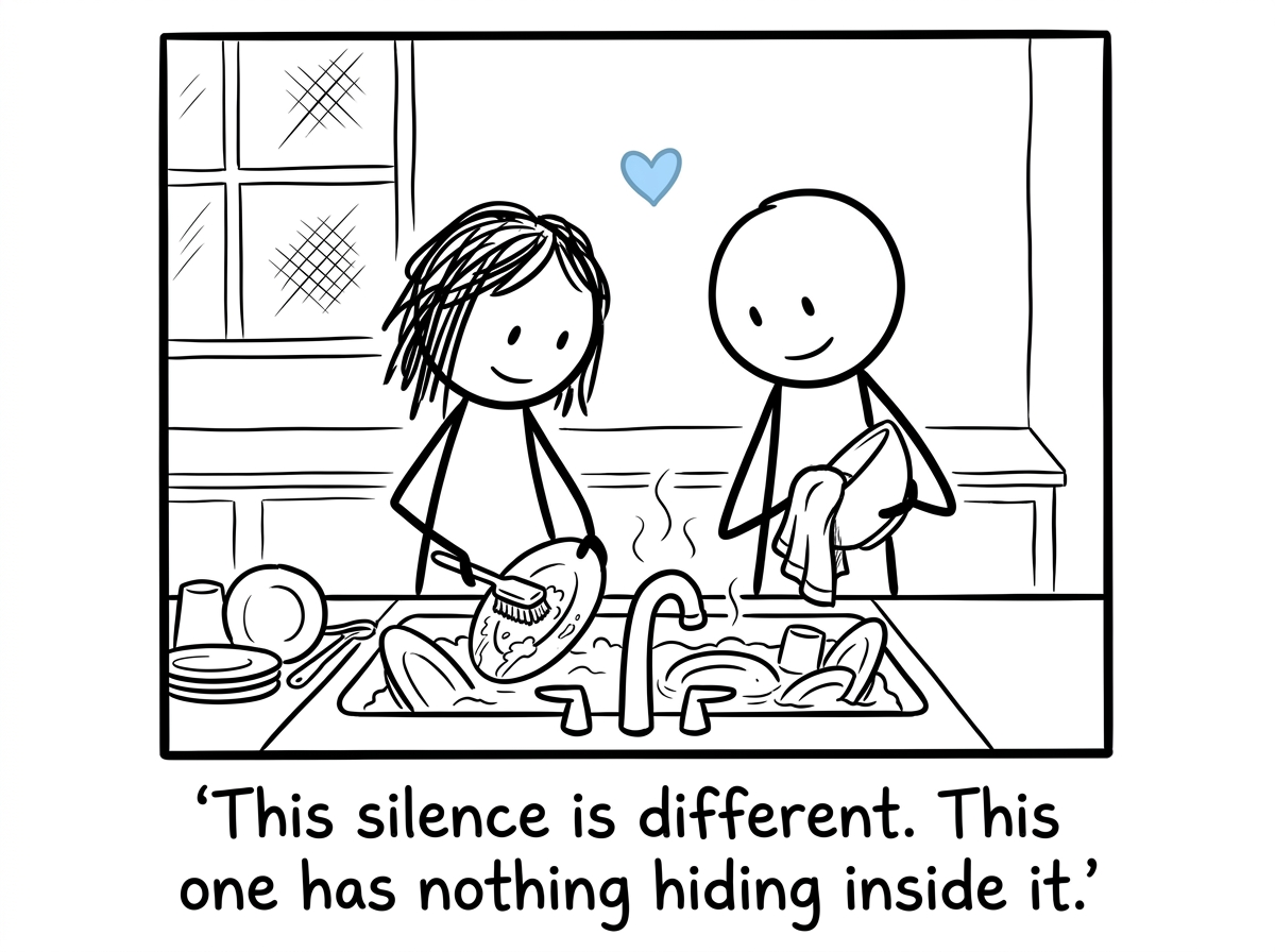 The two figures doing dishes together afterward, the silence between them now comfortable instead of loaded
