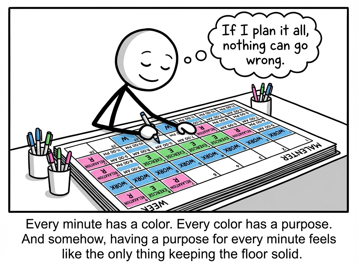 A stick figure sits at a desk with a massive calendar spread before them, carefully filling in blocks with different colors -- blue for work, green for exercise, pink for 'allowed relaxation.' Every single minute from 5:00 AM to 11:00 PM is accounted for. The figure has a satisfied, almost serene expression. A thought bubble reads 'If I plan it all, nothing can go wrong.'