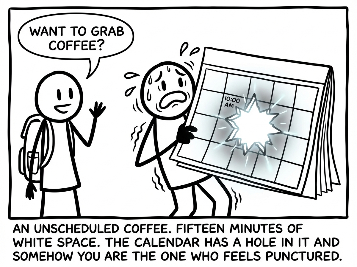 A friend approaches the stick figure and says 'Want to grab coffee?' The figure recoils in visible panic, clutching the calendar to their chest. The unscheduled coffee would create a white gap in the calendar, and the white gap glows ominously like a hole in reality. Sweat drops fly off the figure's head.