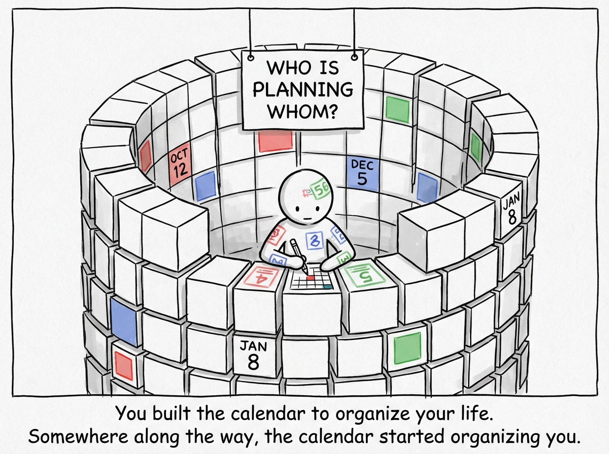 The calendar has grown enormous and now surrounds the stick figure like walls, the colored blocks towering above them on all sides. The figure is tiny at the center, still filling in blocks, but now the calendar is filling in blocks on the figure -- stamping color codes onto their arms, chest, and forehead. A label reads 'WHO IS PLANNING WHOM?'