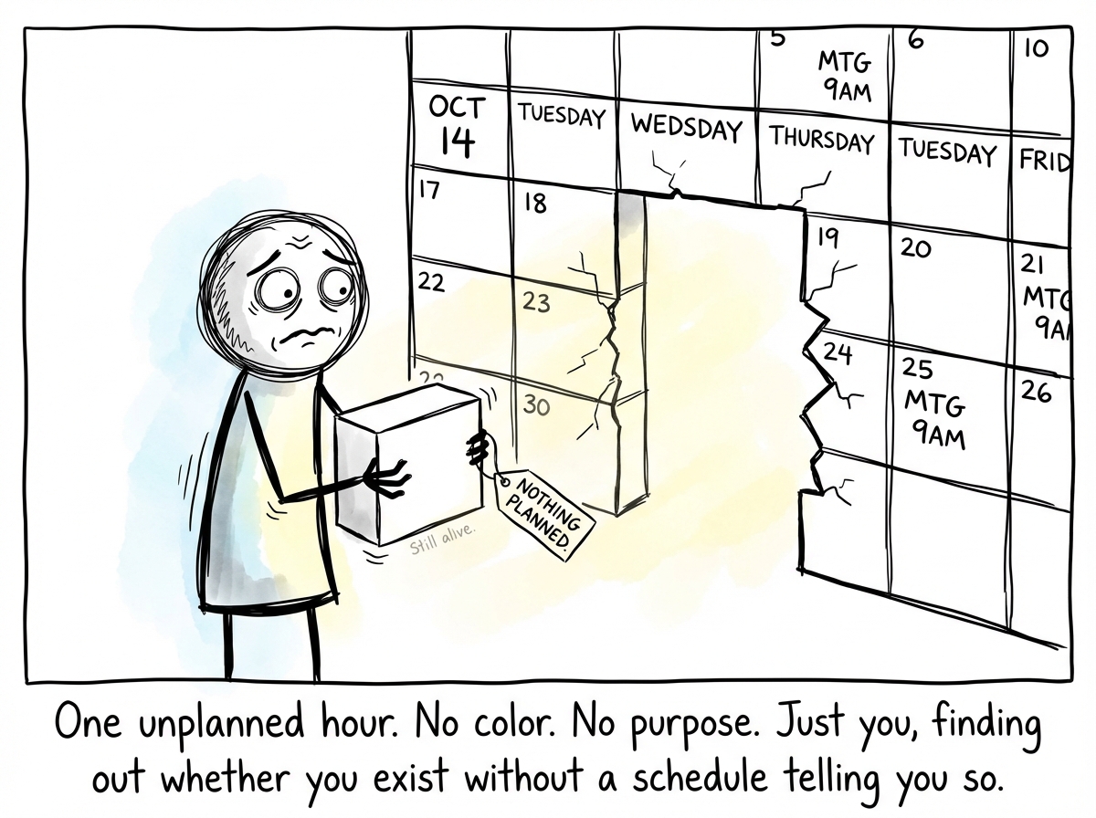 The stick figure stands outside the calendar walls, which remain standing but now have a door cut into them. The figure holds a single white block -- an unscheduled hour -- in trembling hands. Their expression is terrified but determined. A small label on the white block reads 'NOTHING PLANNED.' Below, tiny text says 'Still alive.'