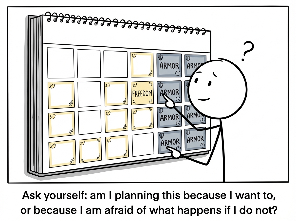 A stick figure looking at their calendar with gentle curiosity instead of desperation, noticing which blocks feel like freedom and which feel like armor against fear.
