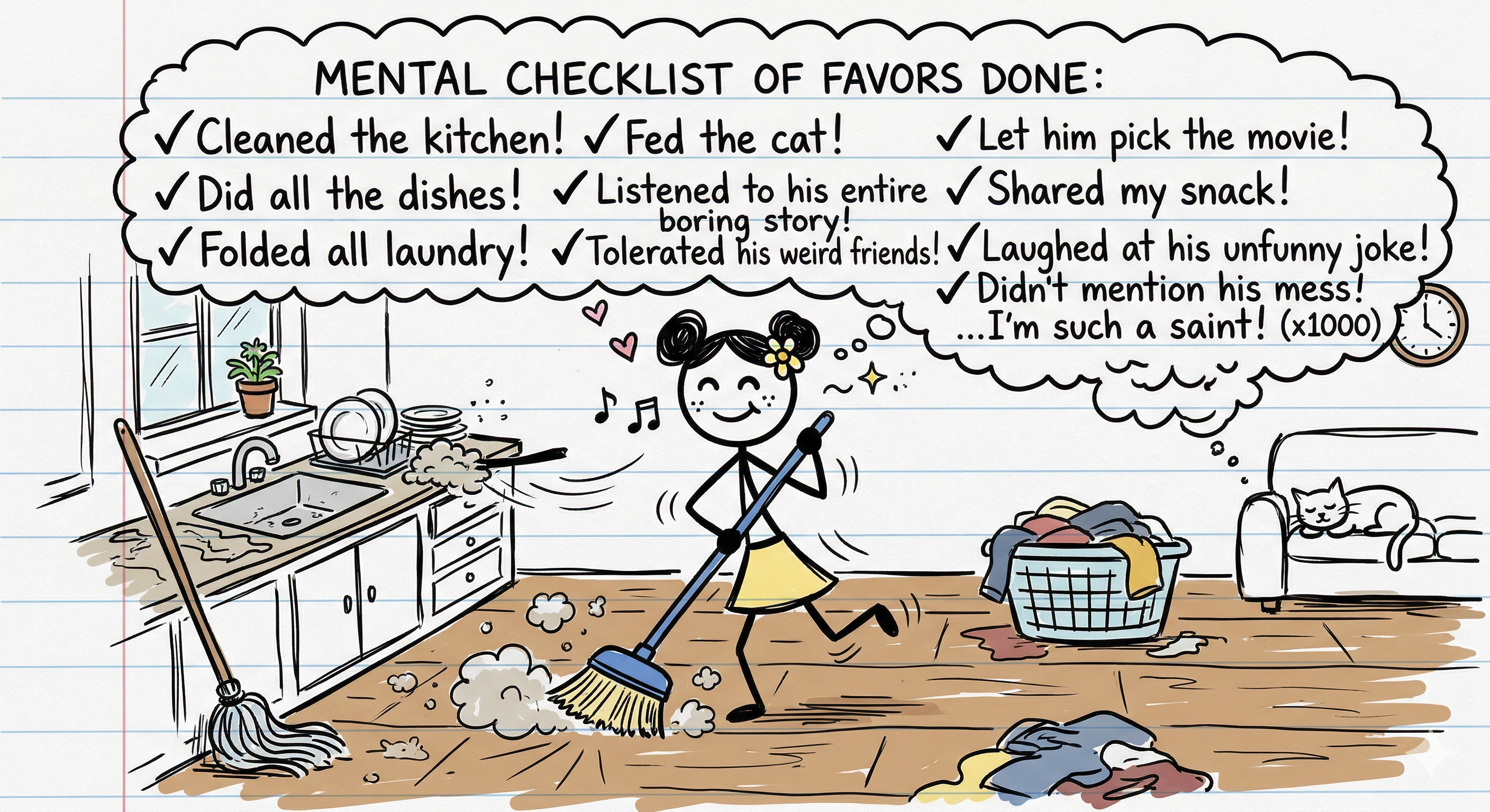 A stick figure happily doing chores with a thought bubble showing a mental checklist of favors done