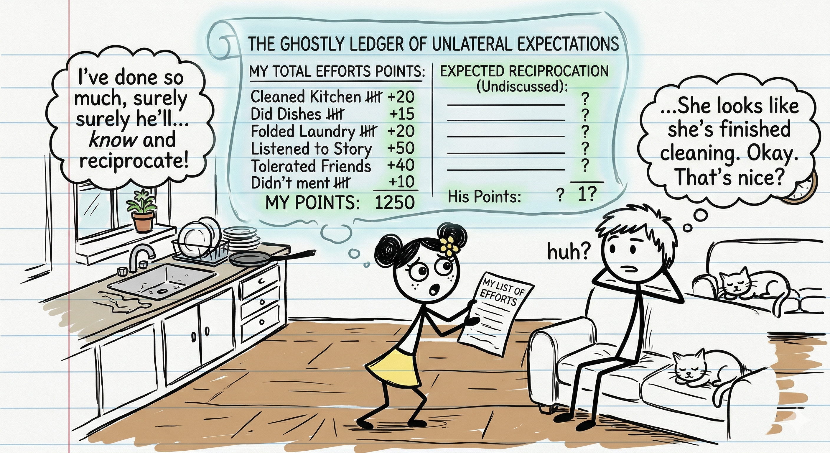 The same stick figure presenting their efforts to their partner with a hopeful expression, while a ghostly ledger floats above showing a tally of points