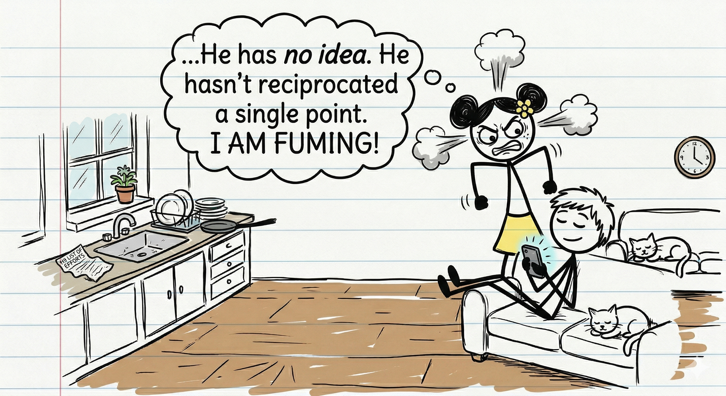 The partner lounging on the couch scrolling their phone, completely unaware, while the first stick figure stands behind them with steam coming from their ears