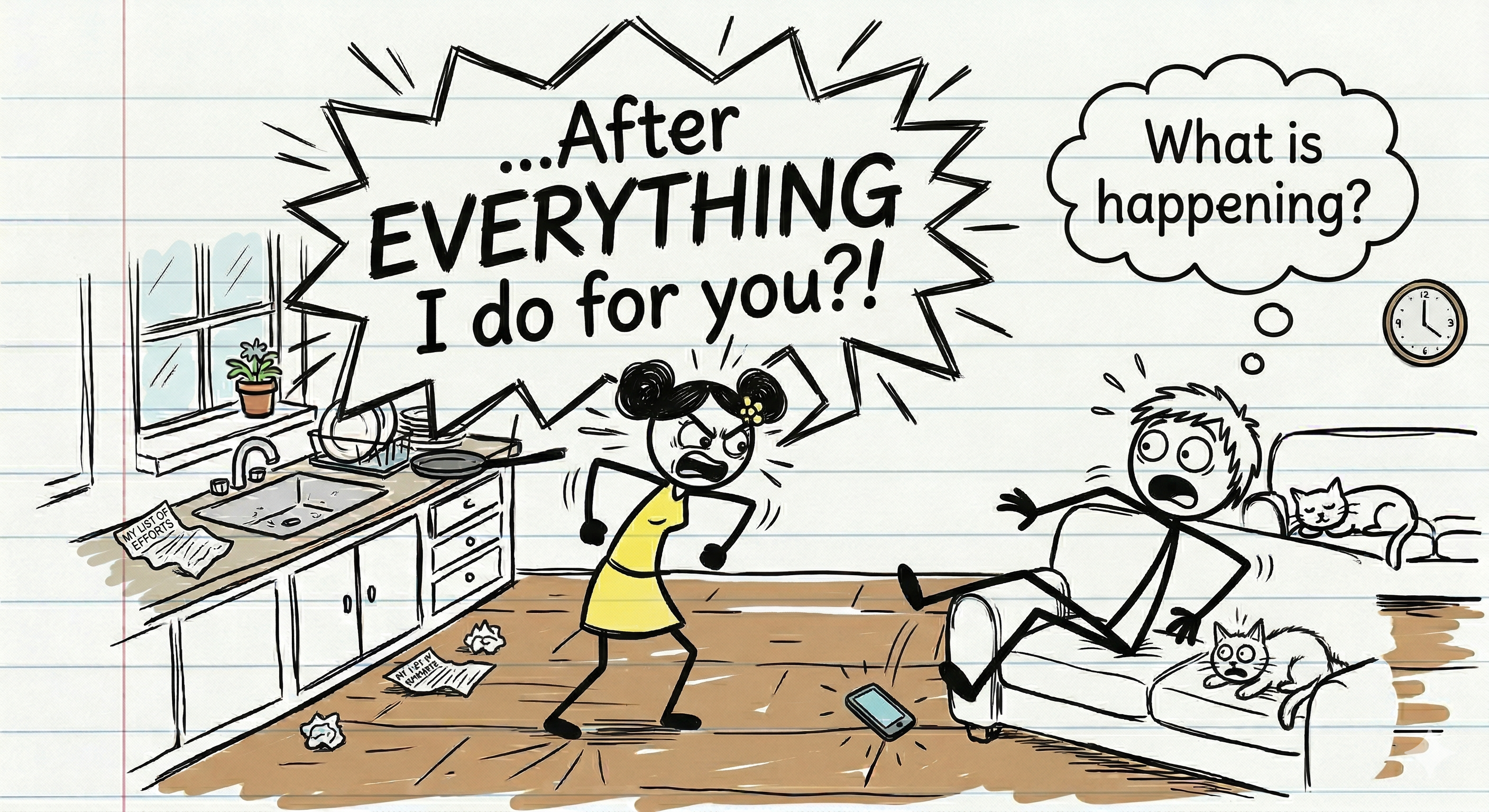 The first stick figure exploding with frustration saying 'After EVERYTHING I do for you?!' while the partner looks shocked and confused with a thought bubble reading 'What is happening?'