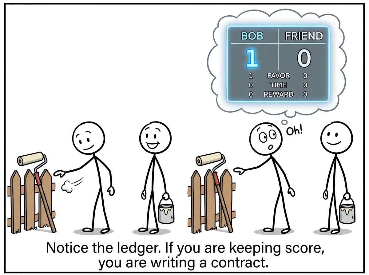 A stick figure about to do a favor, catching a ghostly scoreboard appearing above their head, and pausing in surprise