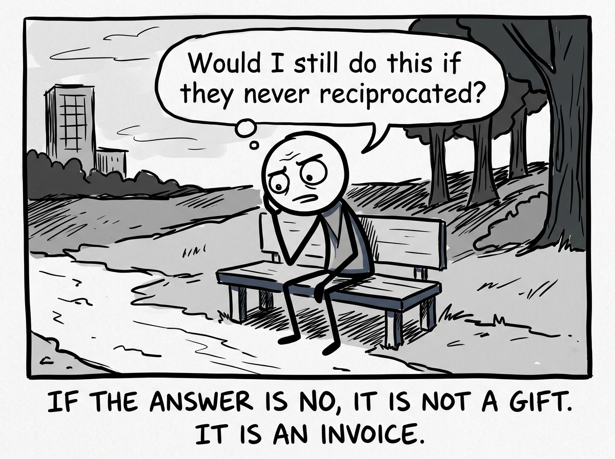 The figure asking themselves 'Would I still do this if they never reciprocated?' with an honest, searching expression