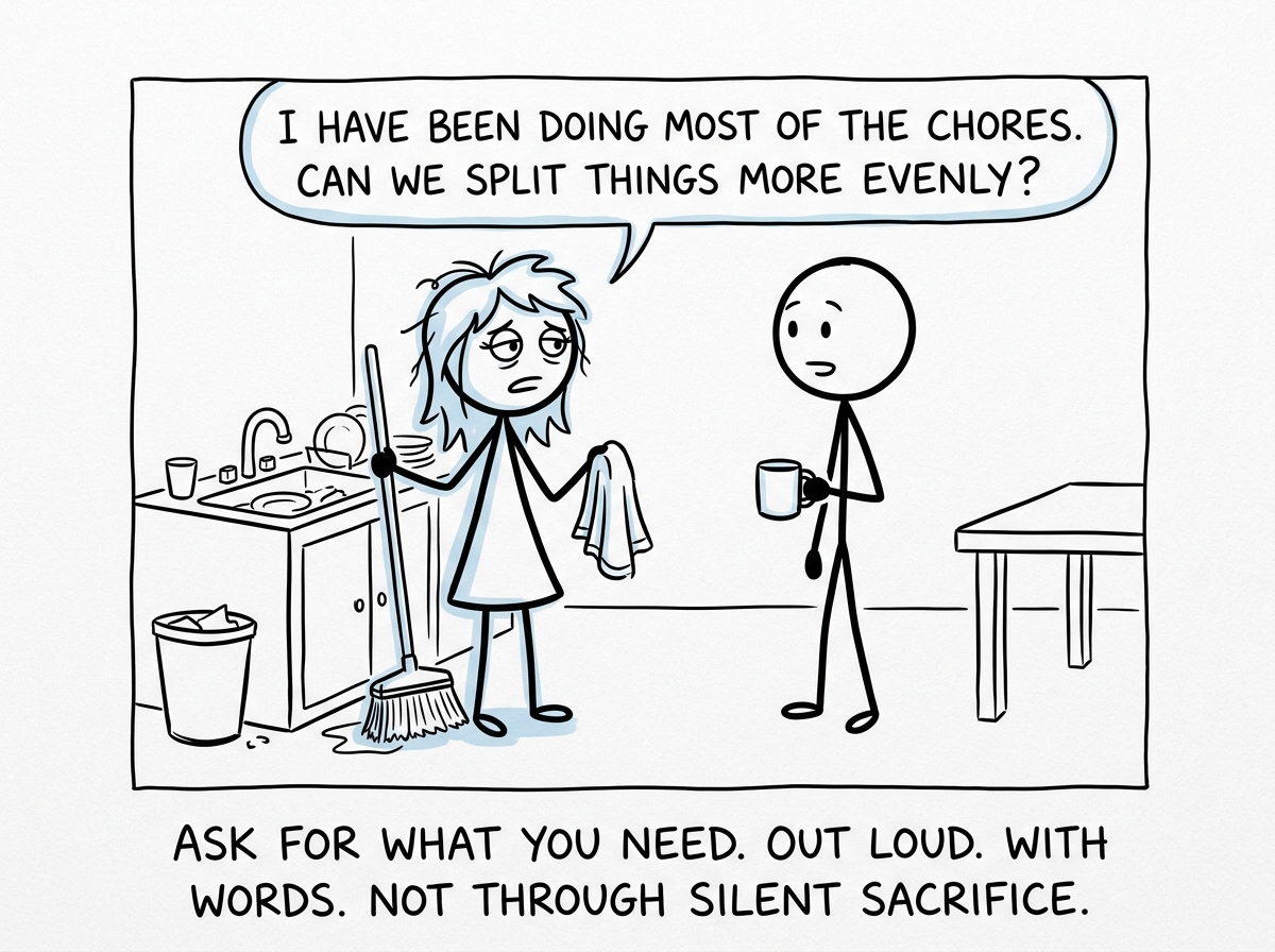 The figure saying directly to their partner 'I have been doing most of the chores. Can we split things more evenly?'
