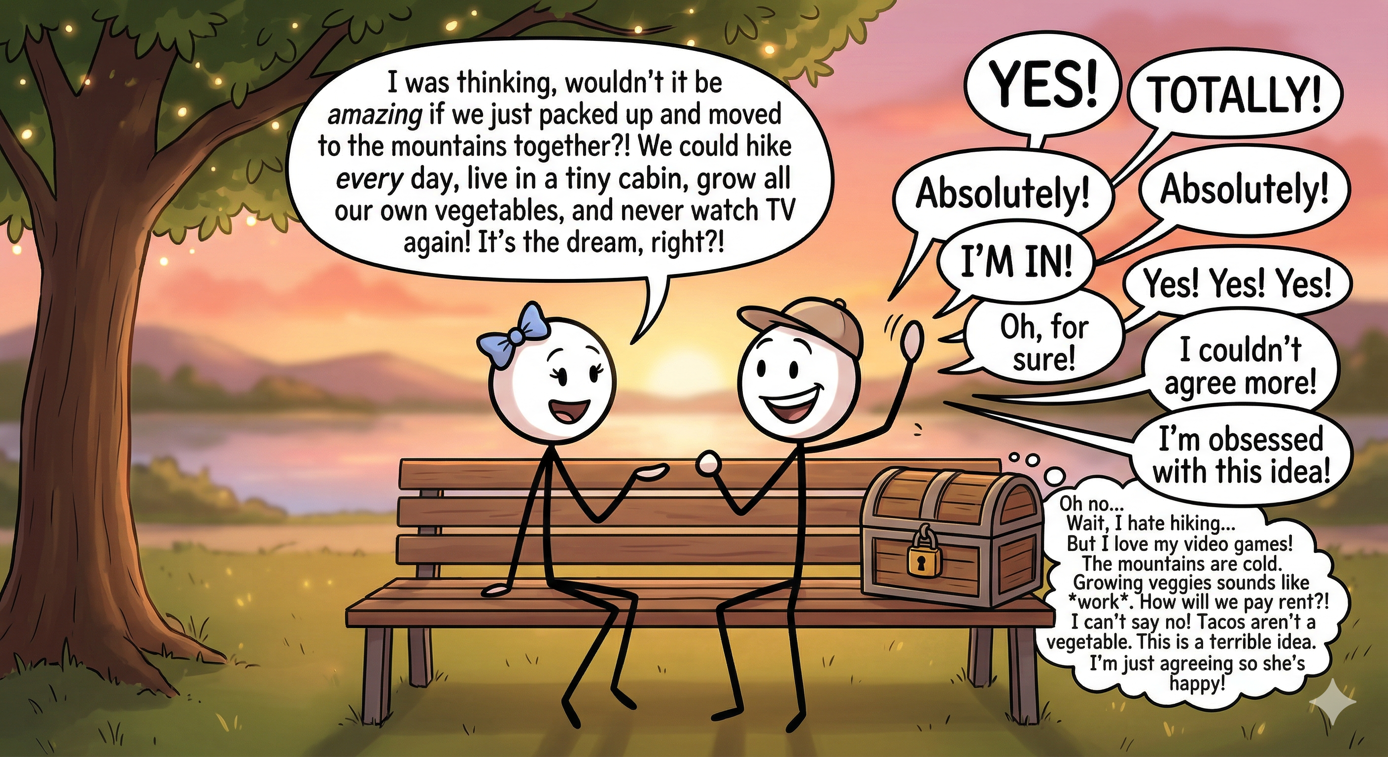 A stick figure enthusiastically agreeing with everything another person says, with multiple 'Yes!' and 'Totally!' speech bubbles while their real thoughts are hidden in a locked box