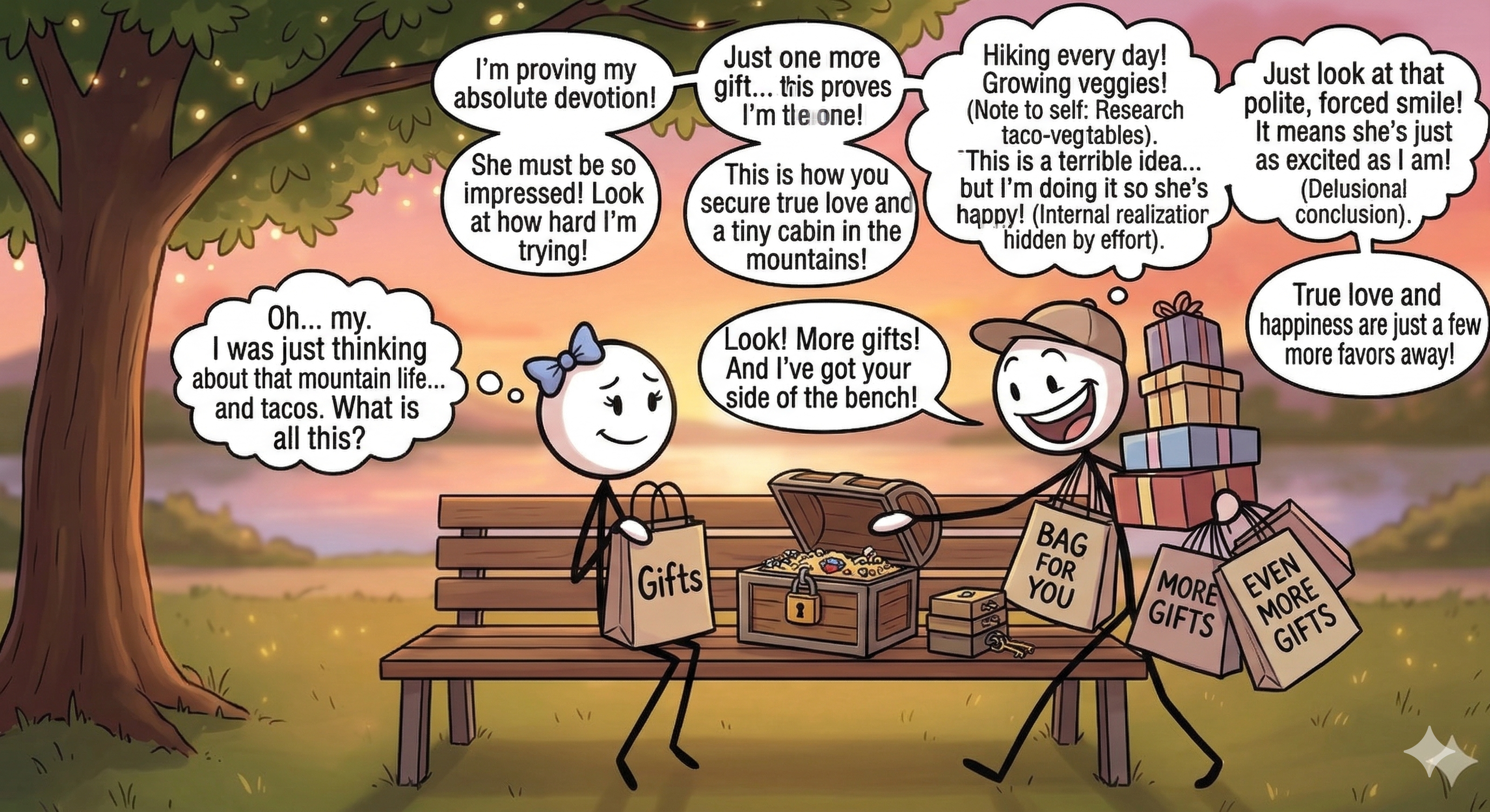 The same stick figure doing excessive favors -- holding doors, carrying bags, giving gifts -- with a thought bubble showing a romantic outcome