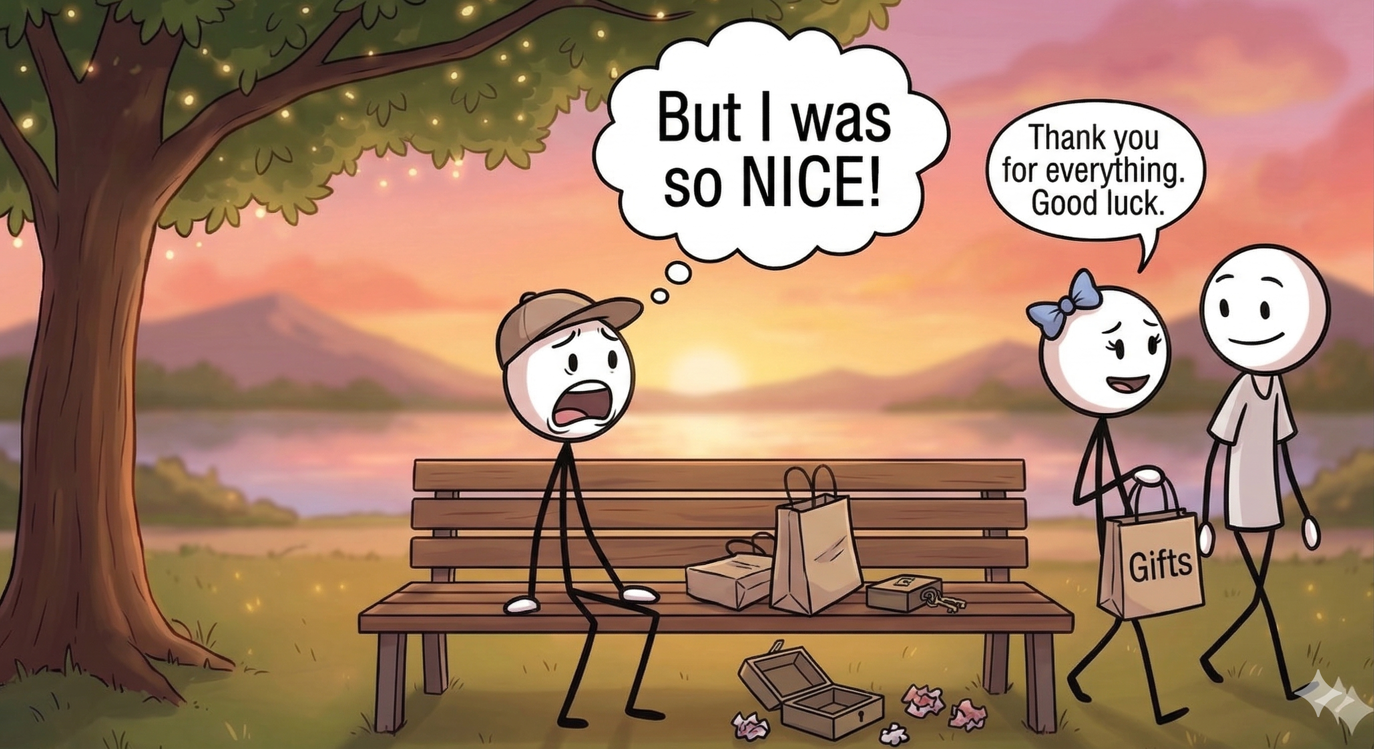 The other person walking away with someone else while the 'nice' stick figure stands alone, jaw dropped, with a thought bubble reading 'But I was so NICE'