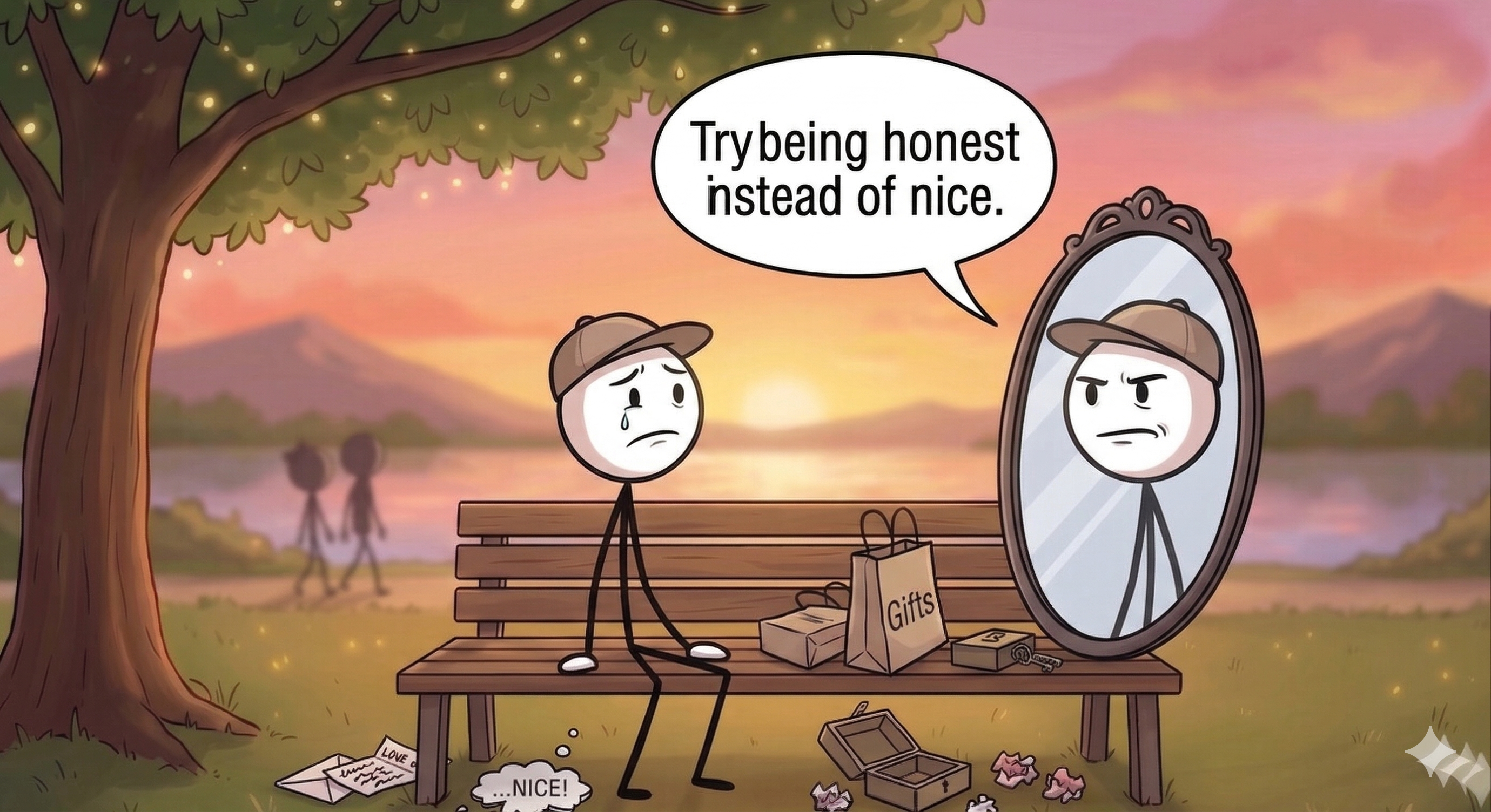 The stick figure looking in a mirror with the reflection showing their real self saying 'Try being honest instead of nice'