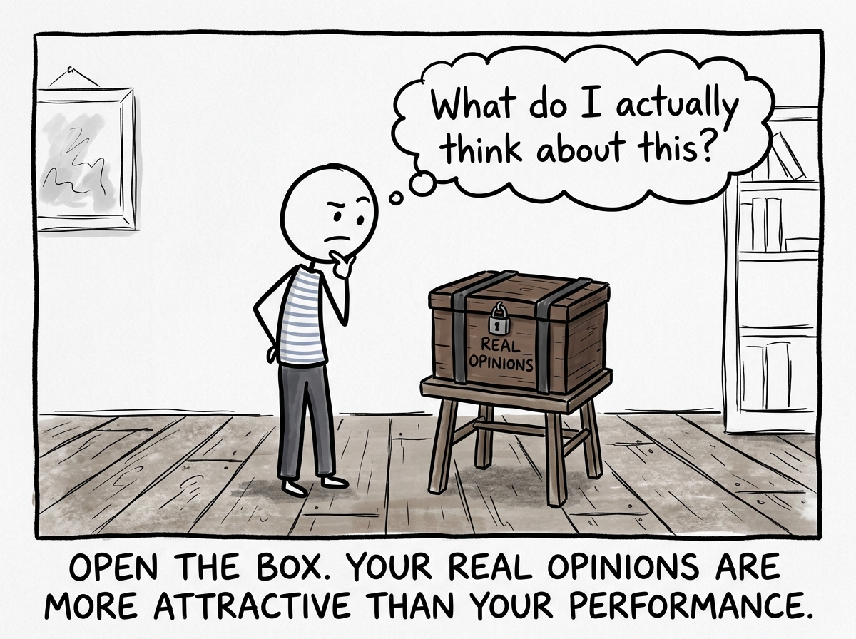 A stick figure looking at their locked box of real opinions and thinking 'What do I actually think about this?'