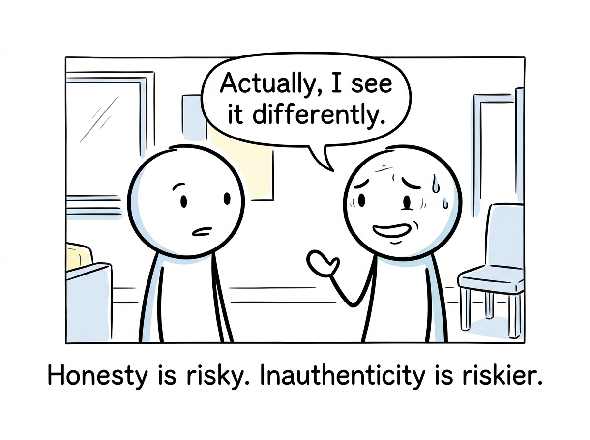 The figure expressing a genuine disagreement in a conversation, saying 'Actually, I see it differently' with a nervous but honest face