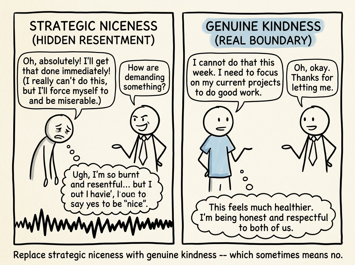 The figure setting a real boundary, saying 'I can not do that this week' instead of saying yes with hidden resentment