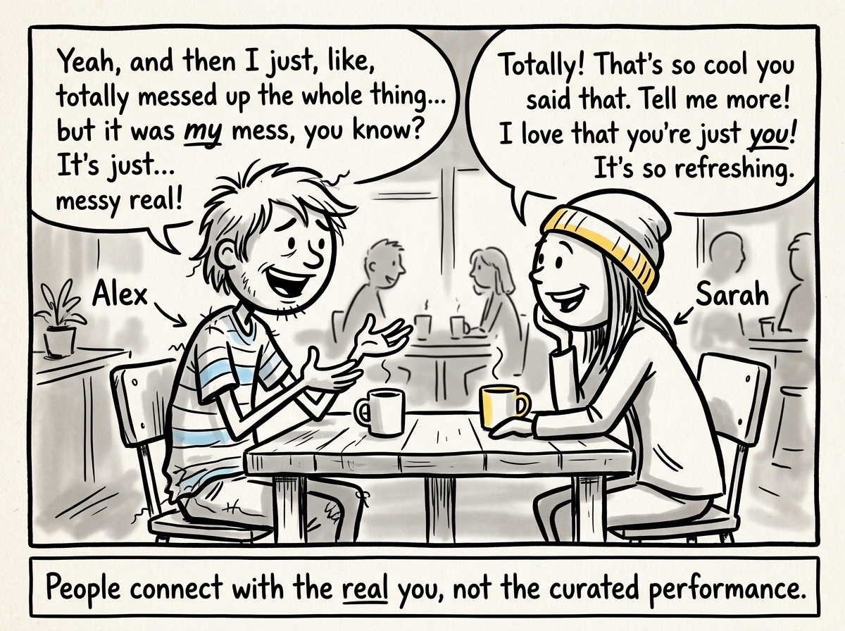 The figure in a conversation being authentically themselves, imperfect but real, and the other person leaning in with genuine interest