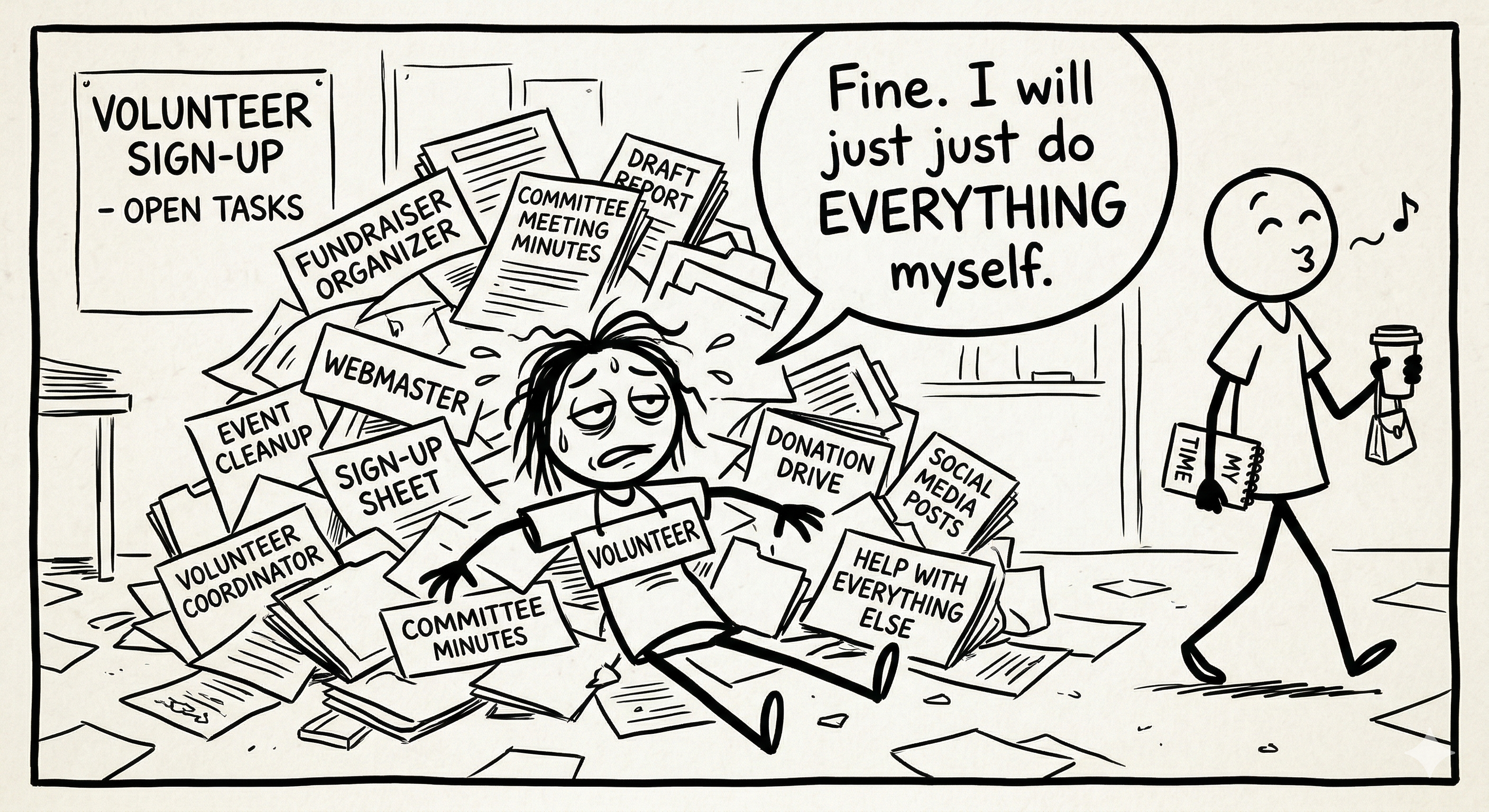 A stick figure buried under a mountain of tasks they volunteered for, looking exhausted and resentful, while another stick figure nearby goes about their day happily, with a speech bubble from the first figure reading 'Fine. I will just do EVERYTHING myself.'