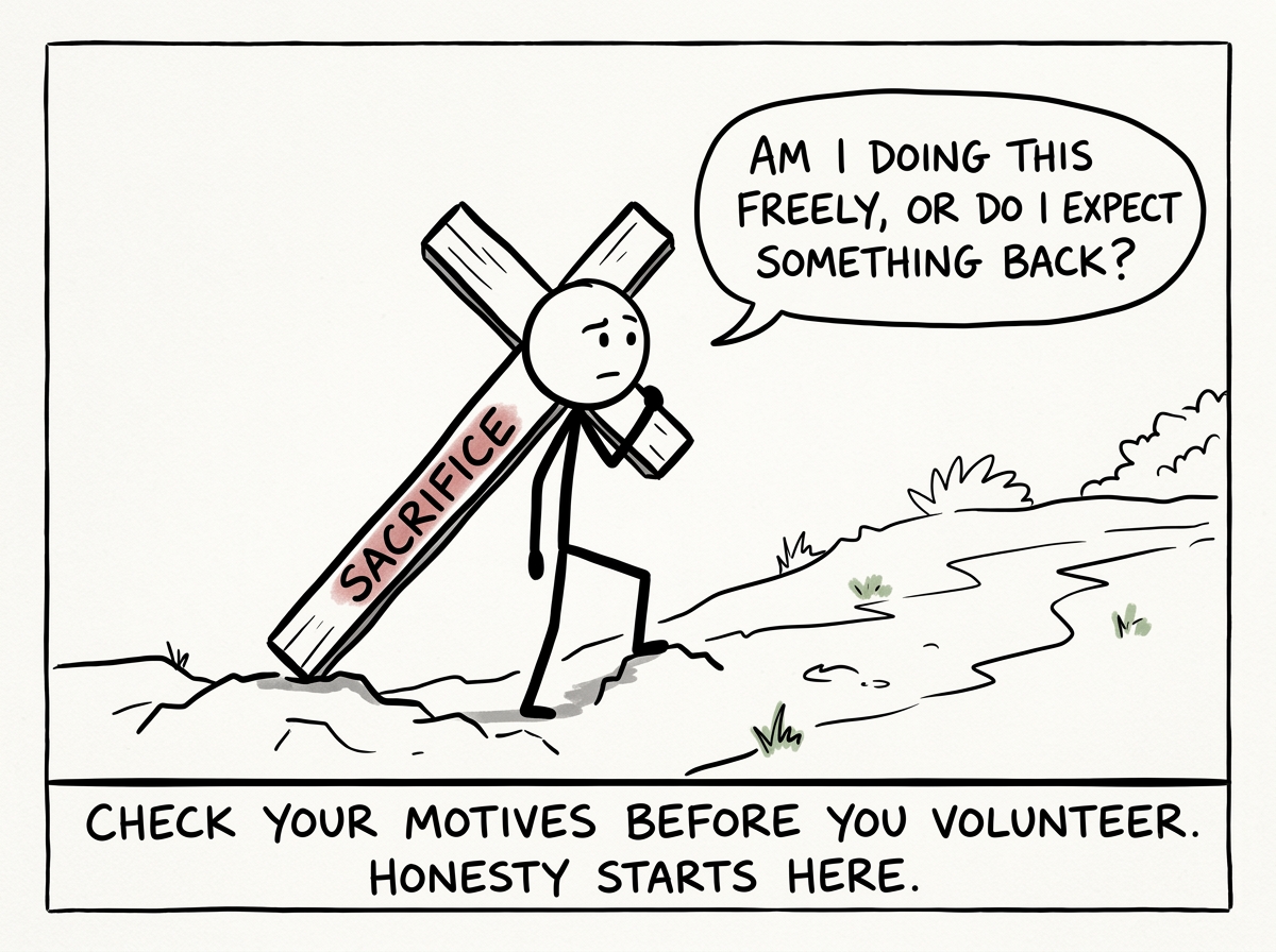 A stick figure about to take on an unrequested sacrifice, stopping to ask 'Am I doing this freely, or do I expect something back?'
