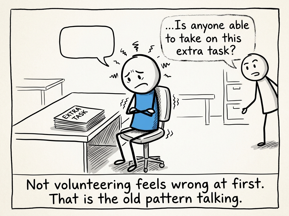 The figure choosing not to do the extra task, sitting with the discomfort of not being the martyr for once