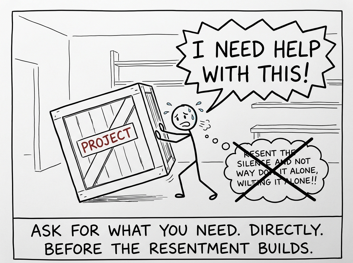 The figure saying out loud 'I need help with this' instead of doing it alone and resenting the silence