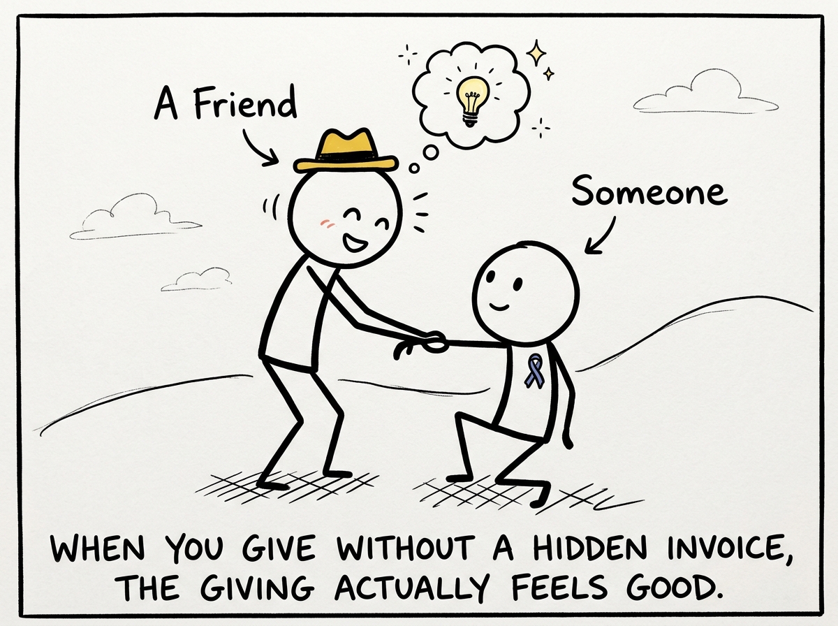 The figure helping someone genuinely, with no scoreboard, no resentment meter, just actual generosity and a light heart