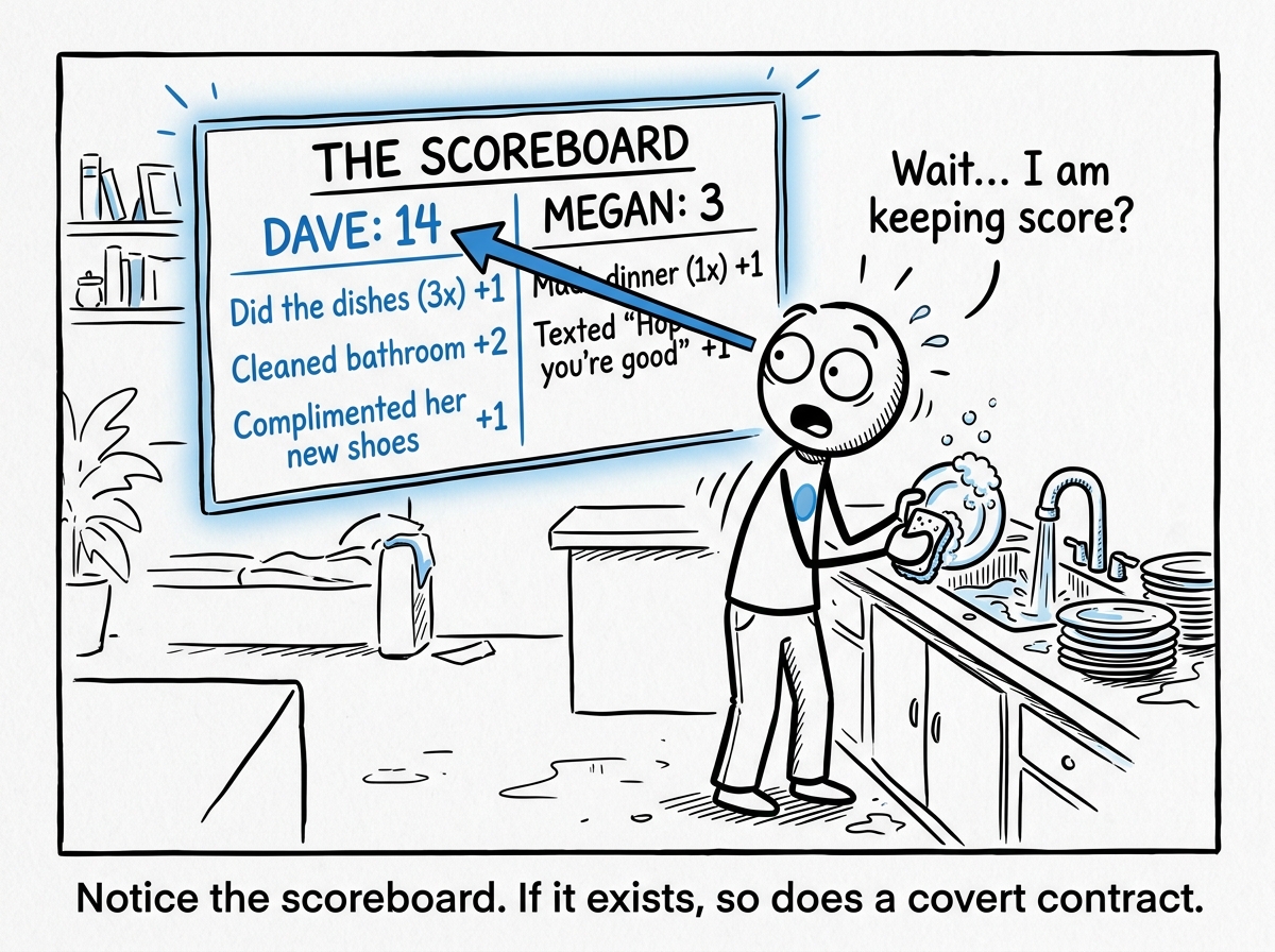 A stick figure catching themselves keeping a mental scoreboard, pausing to look at it with a surprised expression