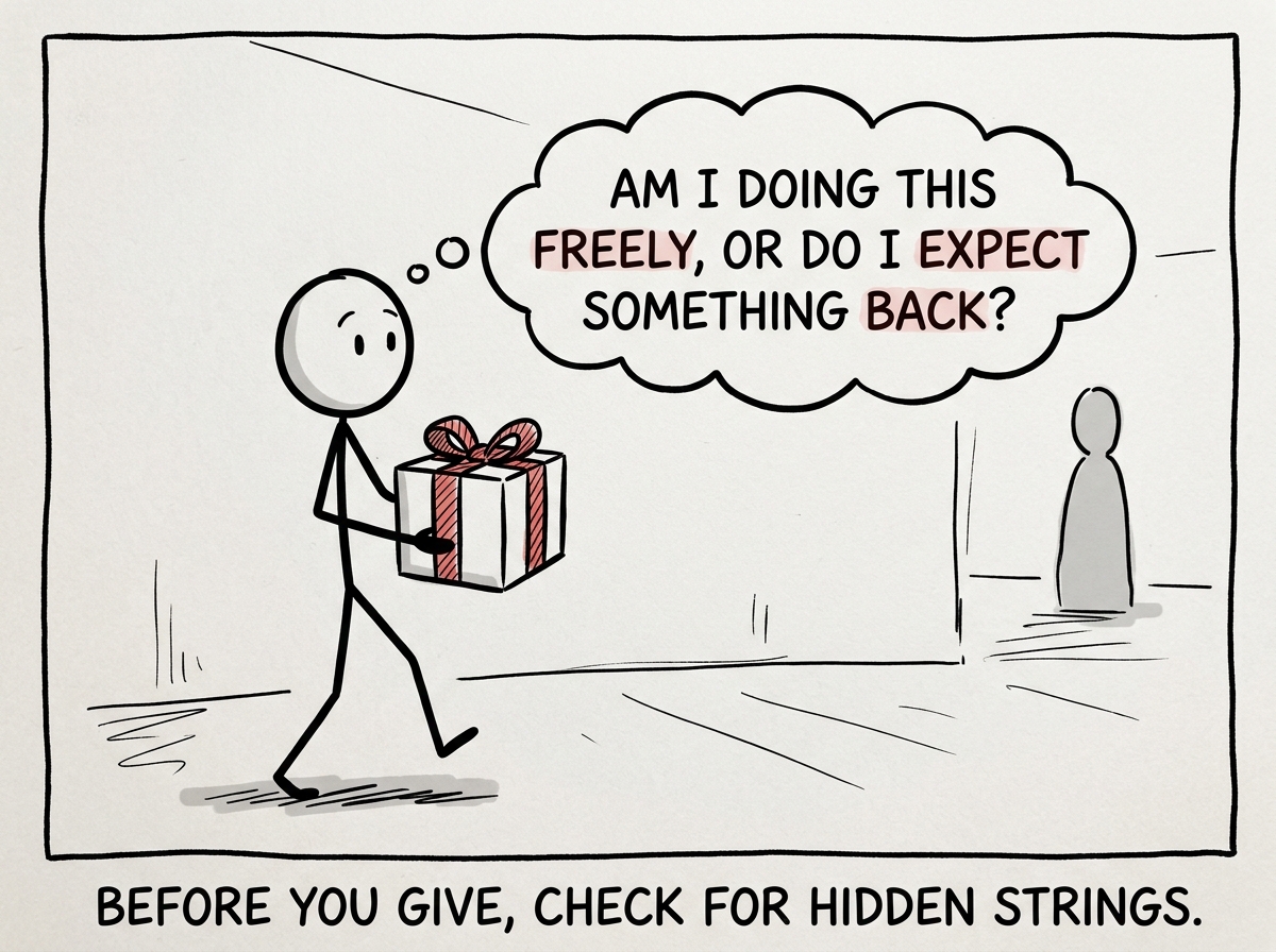 The stick figure about to do a favor, stopping to ask themselves 'Am I doing this freely, or do I expect something back?'