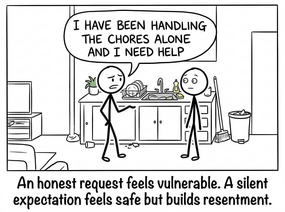 The stick figure saying to their partner 'I have been handling the chores alone and I need help' directly and clearly