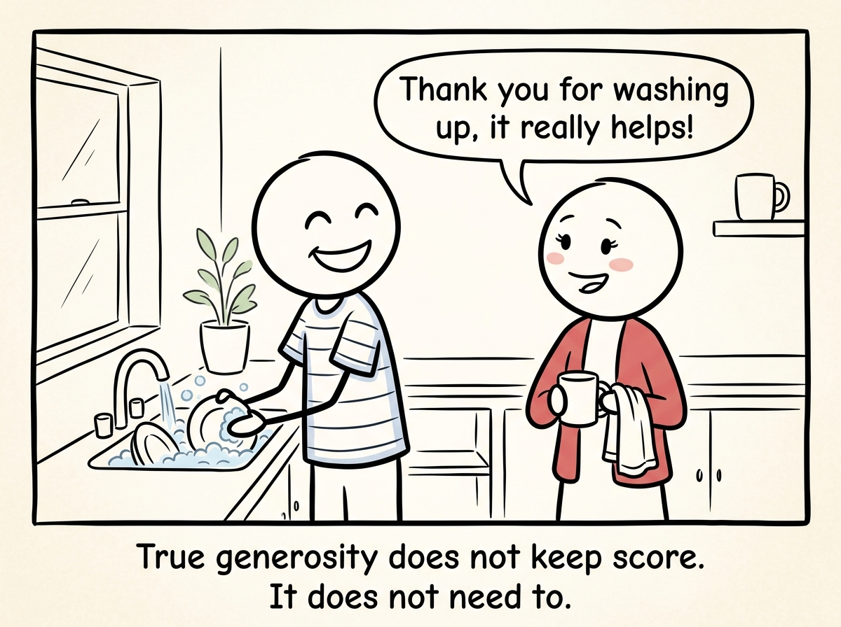 The stick figure doing something kind with no ledger in sight, genuinely smiling, while the partner says thank you naturally