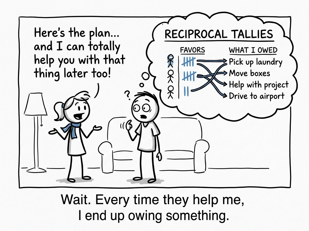 A stick figure pausing mid-conversation, noticing a pattern — a thought bubble shows a tally of favors given with strings attached