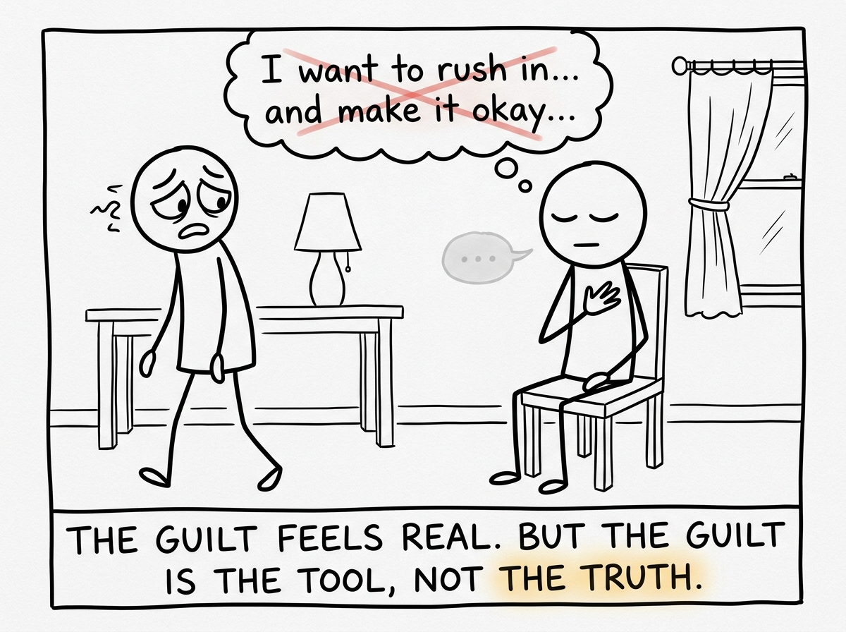 The stick figure sitting quietly, hand on chest, resisting the urge to rush in and apologize after the other person's guilt trip
