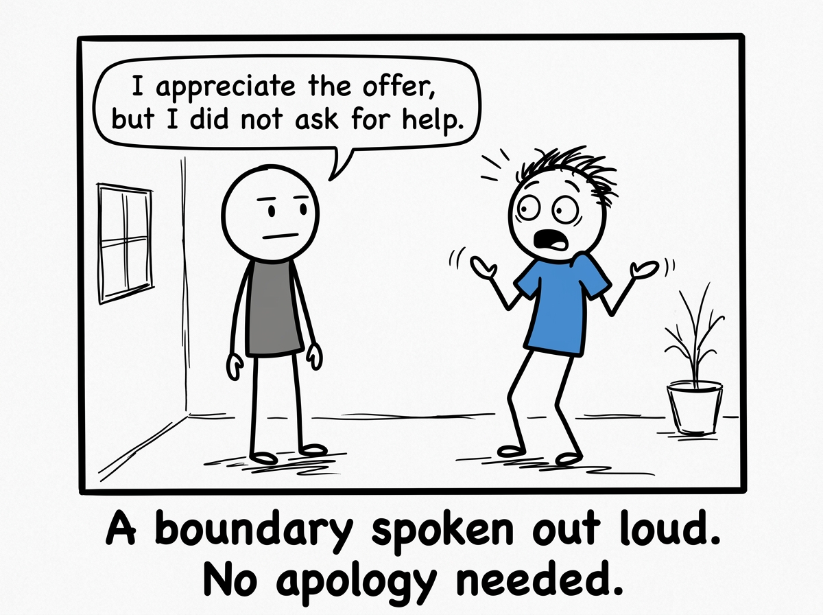 The stick figure calmly saying 'I appreciate the offer, but I did not ask for help' while the other figure looks surprised