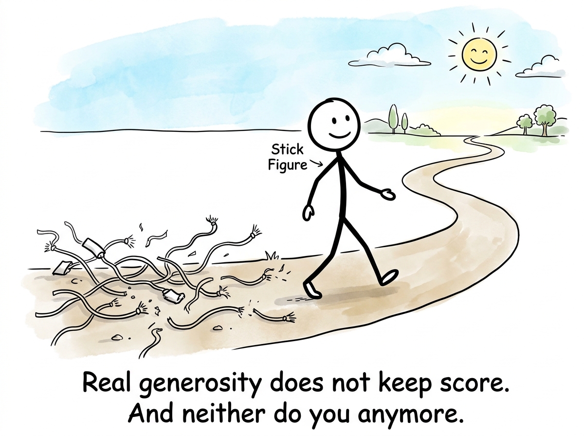 The stick figure walking forward on a clear path, lighter and unburdened, with the strings from old favors cut and lying on the ground behind them