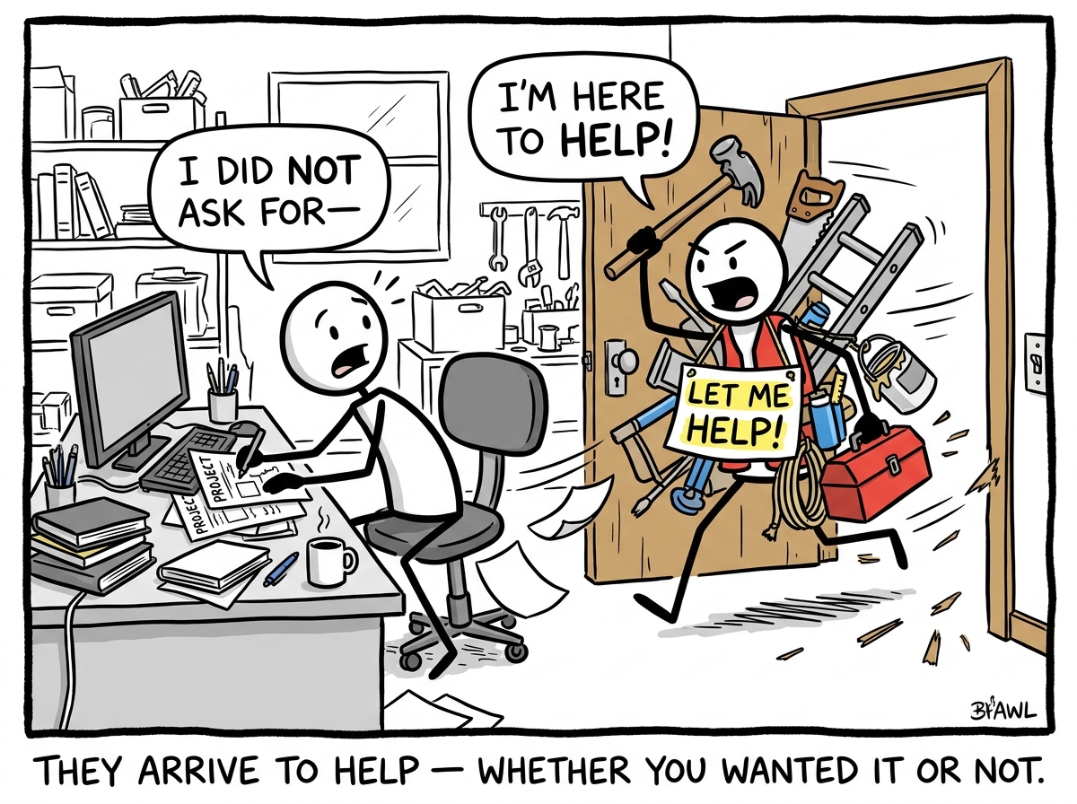 A stick figure sitting at a desk working on a project. Another figure bursts through the door carrying tools, supplies, and a 'Let me help!' banner. The first figure says 'I did not ask for—' but is already being pushed aside