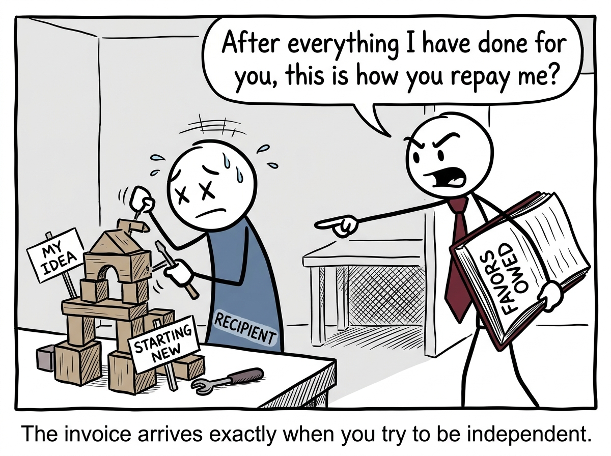Later, the first figure tries to do something independently. The helper appears with a ledger book titled 'Favors Owed' and says 'After everything I have done for you, this is how you repay me?' The first figure looks trapped