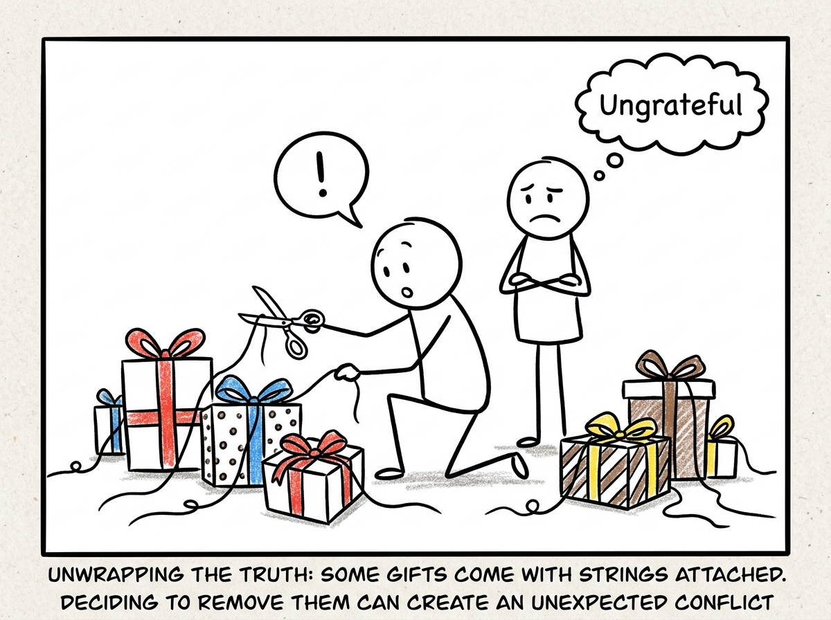 The first figure surrounded by gift-wrapped boxes, each with visible puppet strings attached. They reach for scissors to cut the strings, but the helper stands behind them looking betrayed, with a thought bubble: 'Ungrateful'